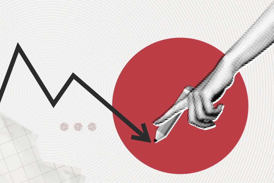 a downward trend arrow and a finger pointing down meet in the middle with a pencil in the background